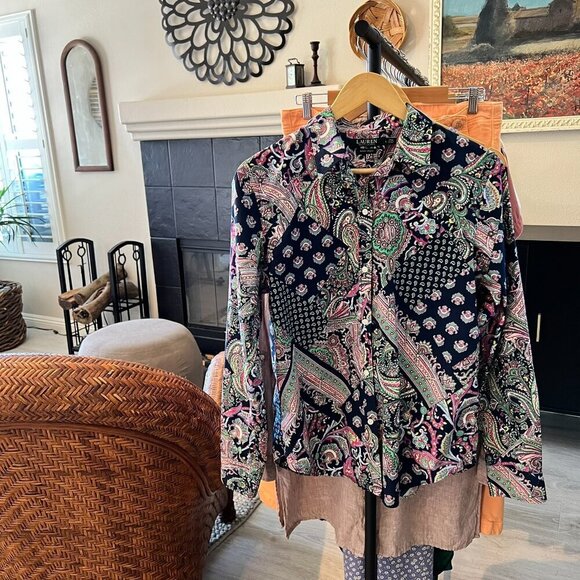 Lauren Ralph Lauren Top Womens Size Large Colorful Paisley Patchwork Non Iron - Picture 16 of 16